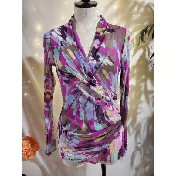 Vtg Karen Kane Mesh Crossover Ruched Drape Wrap Top Womens Size M Abstract Y2K - Picture 1 of 5